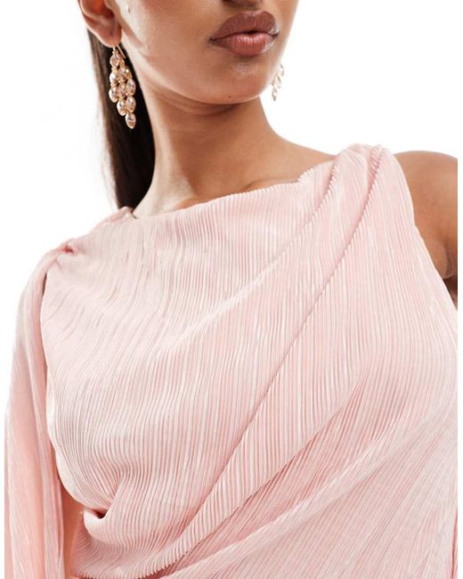 ASOS Pink Plisse High Neck Sleeveless Midi Dress With Drape Sash Detail