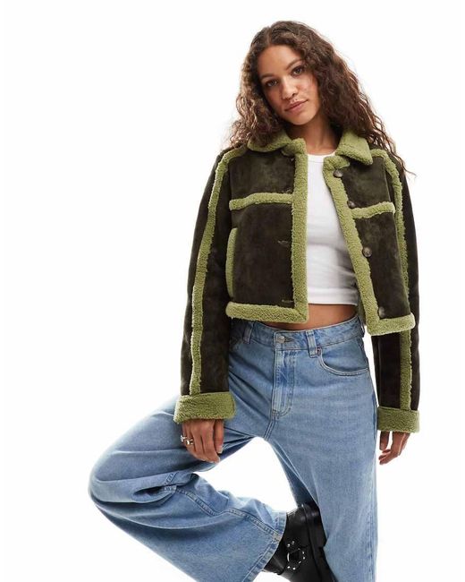 Daisy Street Green Borg Detail Cropped Jacket