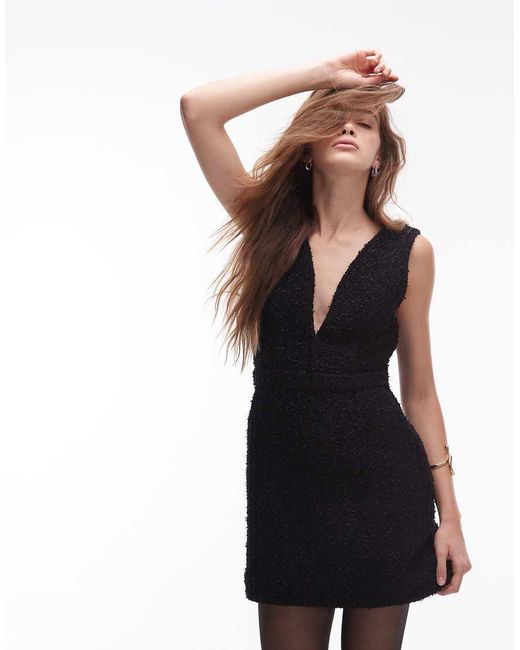 & Other Stories Black Textured Tweed Mini Dress Wit V-Neck