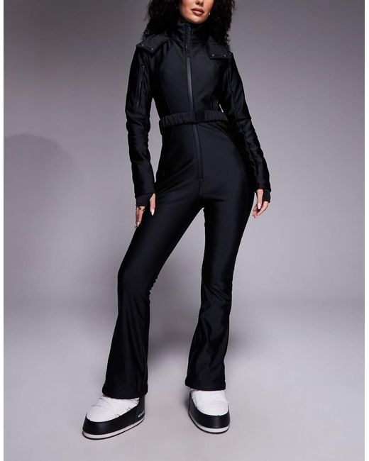ASOS 4505 Ski & Snow Black Asos 4505 Hourglass Ski Soft Shell Belted Ski Suit With Slim Kick Leg And Faux Fur Hood