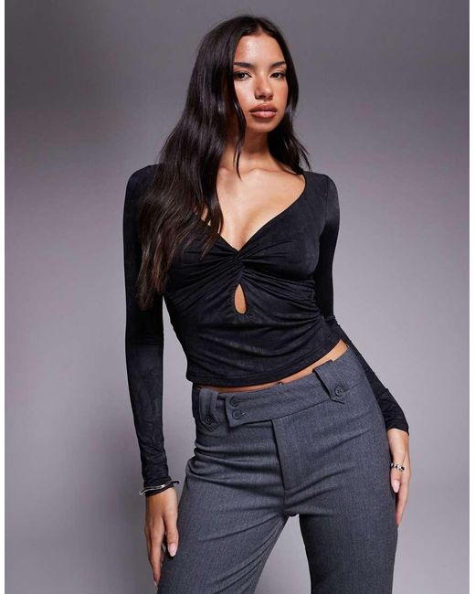Tiger Mist Black Saffira Long Sleeve Plunge Neck Cut-out Detail Textured Top