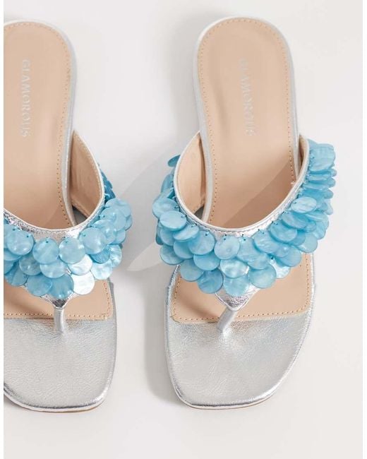 Glamorous Blue Flip Flops With Faux Shells