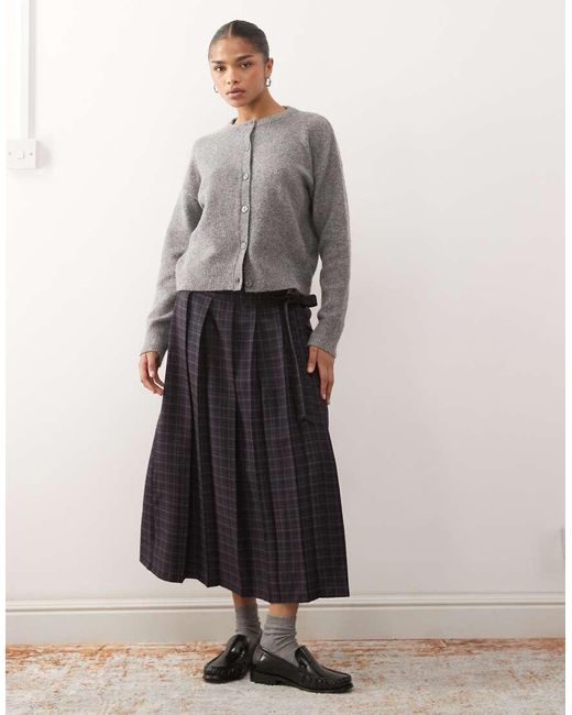 Reclaimed Vintage Blue Tailored Kilt Midi Skirt With Bow Wrap Detail