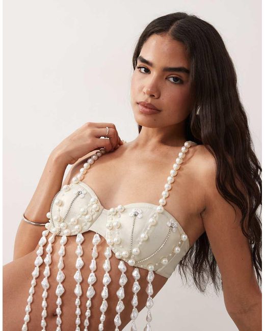 ASOS Brown Embellished Pearl Fringe Bikini Top