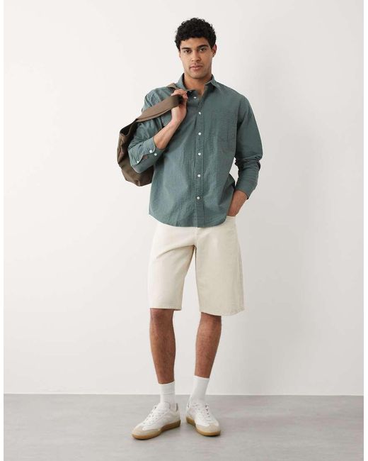 SELECTED Gray 100% Cotton Long Sleeve Seersucker Shirt for men