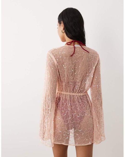 Miss Selfridge Pink Premium Cinched Waist Beaded Mini Beach Cover Up