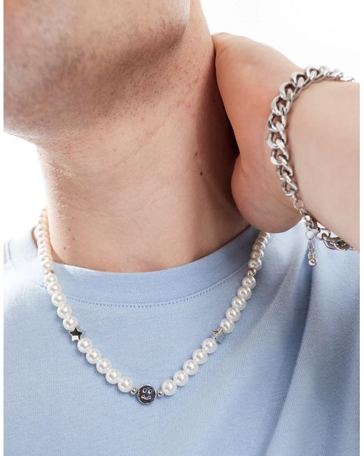 Jack & Jones Blue Pearl Necklace With Smile Faces for men