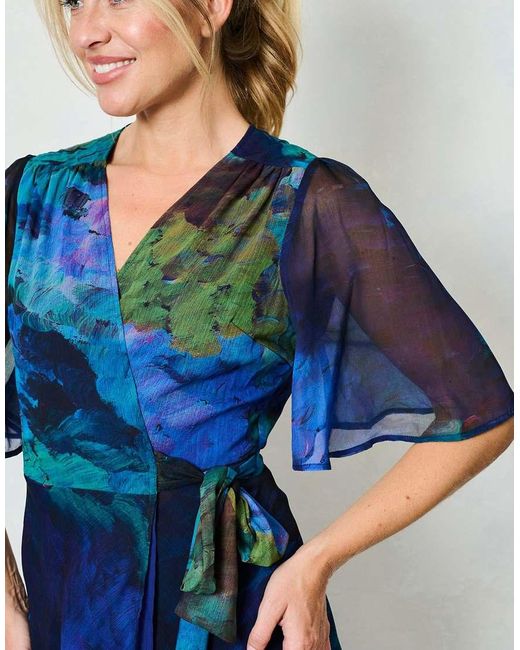 Hope & Ivy Blue The Jacqueline Flutter Sleeve Maxi Wrap Dress With Tie Waist