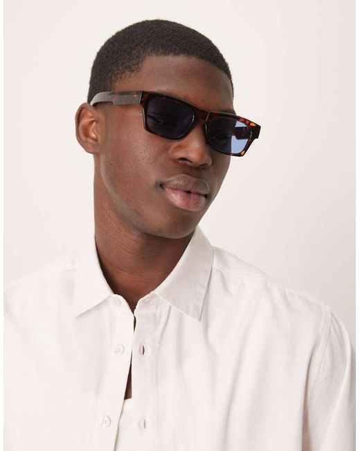 ASOS Brown Square Sunglasses With Blue Lenses And Tortoiseshell Frames for men