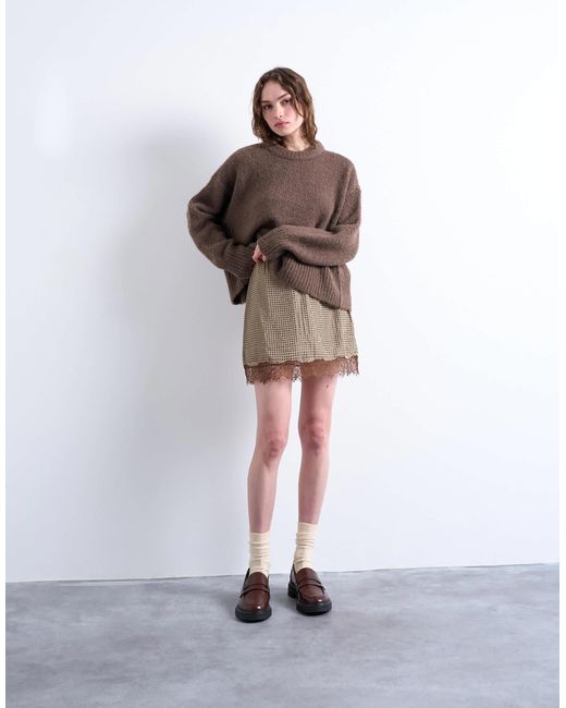 TOPSHOP Brown Hot Fix Embellished Mini Skirt With Lace Trim
