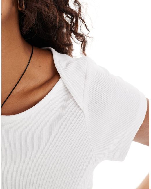 Monki White Fitted Short Sleeve Top With Boat Neck
