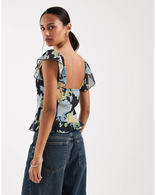 Motel Blue Selita Chiffon Flutter Sleeve Top