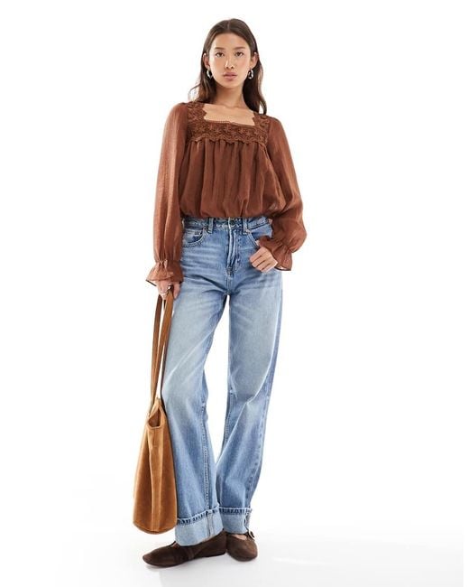 New Look Brown Bubble Hem Lace Blouse