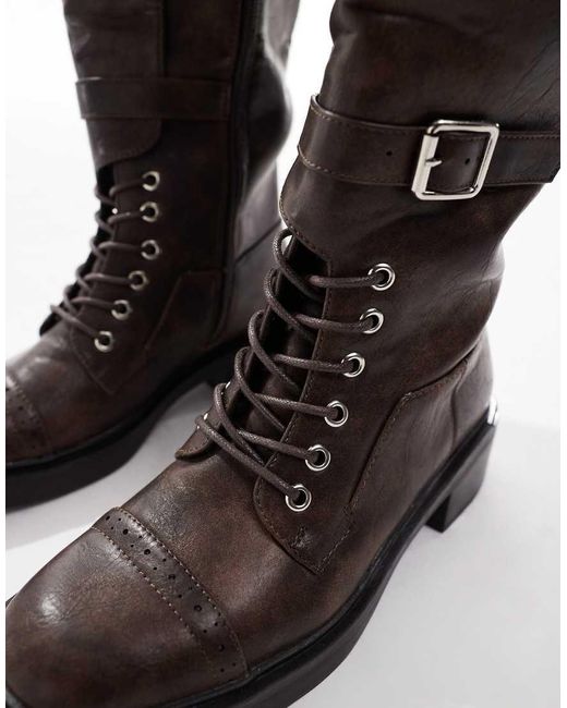 SEQWL Black Twix Buckle Detail Lace Up Knee Boots