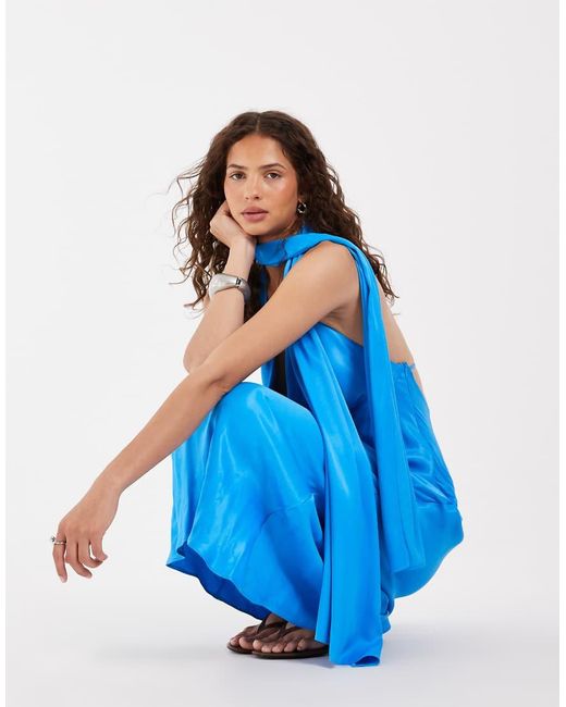 ASOS Blue Satin Scarf Cowl Neck Maxi Dress