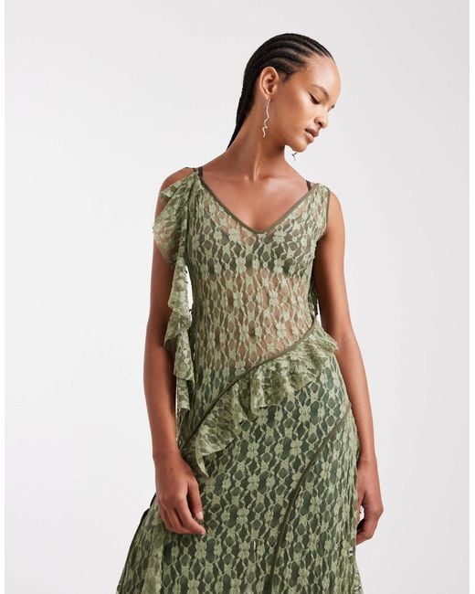 ASOS Green Asymmetric Sheer Lace Maxi With Shredded Detailing And Exposed Seams