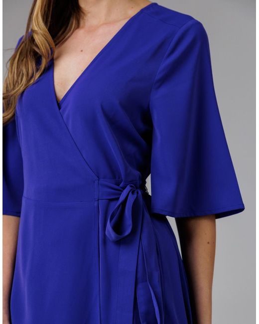 French Connection Blue V- Neck Bell Sleeve Wrap Tie Crepe Midi Dress