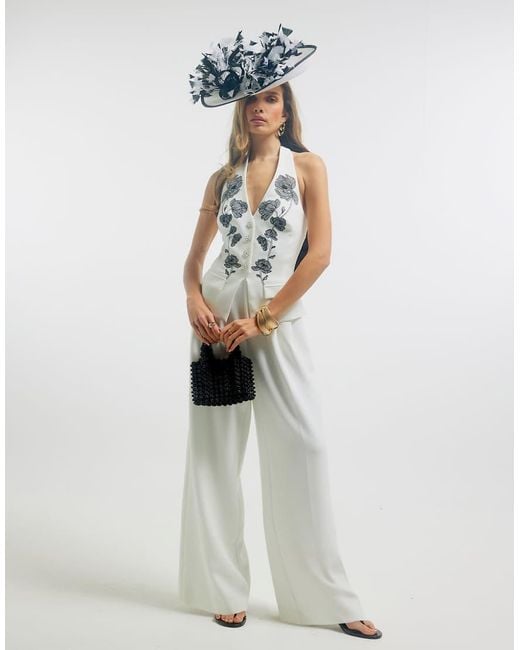 River Island White Premium Halter Embroidered Jumpsuit