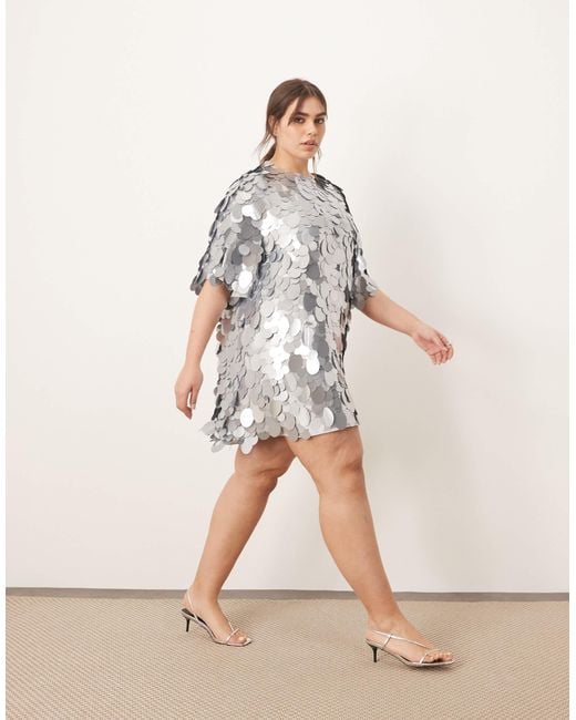 ARRANGE Curve Embellished Disc Sequin T-shirt Mini Dress in Natural | Lyst