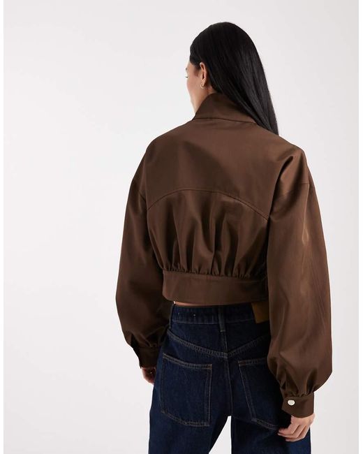 ASOS Brown Funnel Neck Cropped Jacket With Buckle Detail