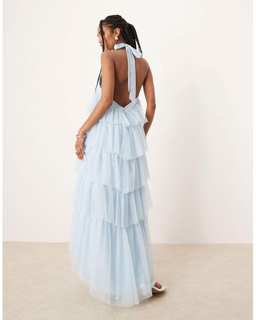 Robe longue à volants en tulle avec dos ouvert - pastel LACE & BEADS en coloris White