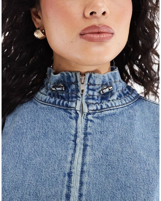Bomber en jean avec col à volants - moyen délavé ASOS en coloris Blue