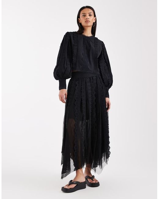 AllSaints Blue Hart Embroidered Detail Long Sleeve Co-Ord Cropped Blouse