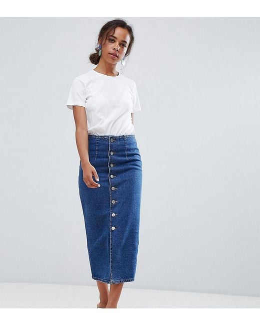 ASOS Asos Design Petite Denim Midi Skirt With Buttons In Midwash Blue |  Lyst Canada