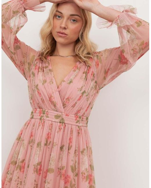ANAYA Pink Floral Print Faux Wrap Long Sleeve Midaxi Dress