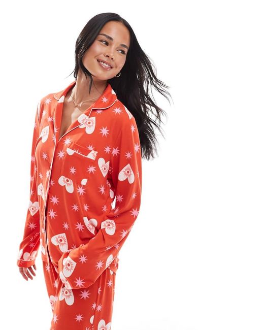 Loungeable Red Super Soft Jersey Revere Top And Wide Leg Pajama Set