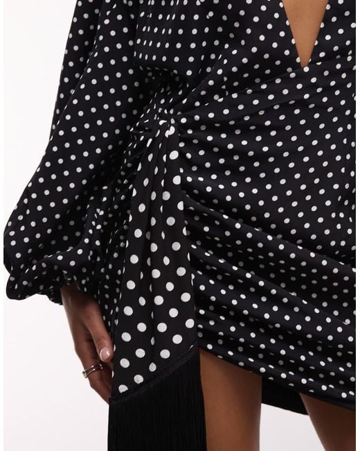 The Dolls House Black Beaudelle Premium Plunge Neck Balloon Sleeve Drape Tassel Detail Mini Dress