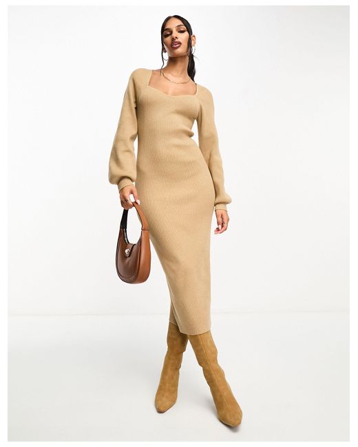 ASOS Natural Knit Midi Dress With Sweetheart Neck