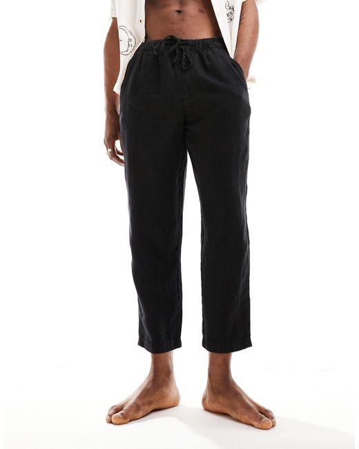 Pull&Bear Black 100% Linen Trouser for men