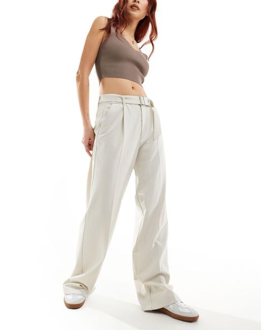 Pull&Bear White Wide Leg Pleat Tailored Trouser With Belt