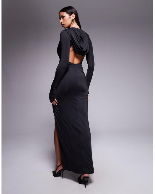 Oh Polly Blue Desdemona Hooded Plunge Neck Thigh Split Maxi Dress