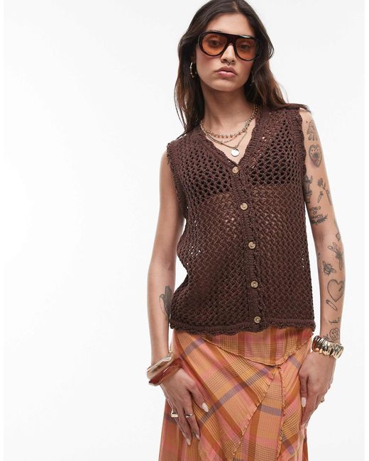 TOPSHOP Brown – gestrickte longline-weste mit maschenstruktur