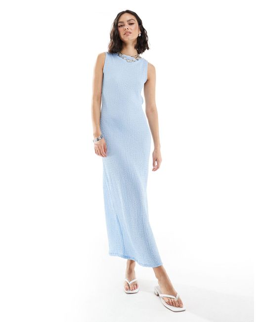 ASOS Blue Boat Neck Textured Midi Dress With Open Back