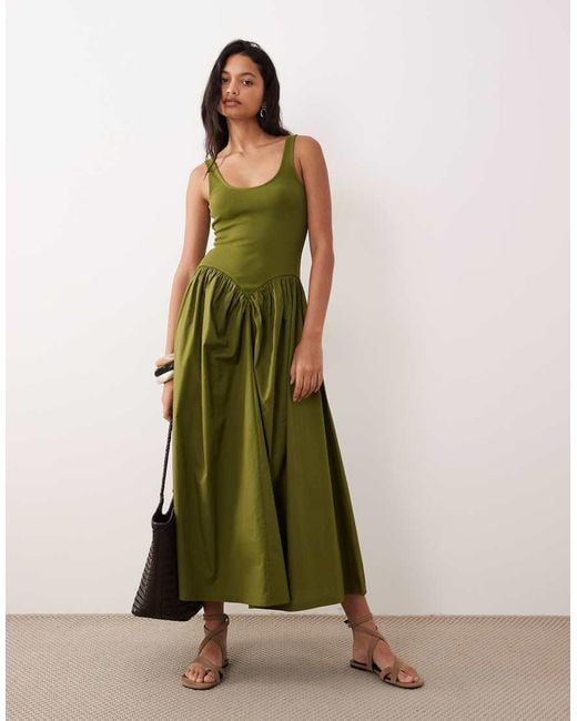 ASOS Green Basque Waist Midi Dress With Woven Skirt