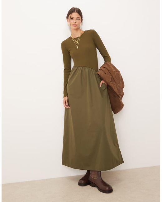 Threadbare Green Long Sleeve Midi Dress With Poplin Skirt