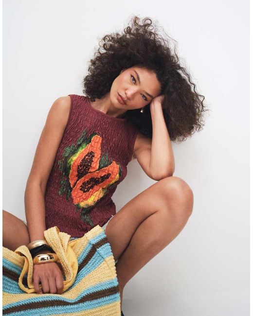ASOS Brown Shirred Vest With Papaya Graphic