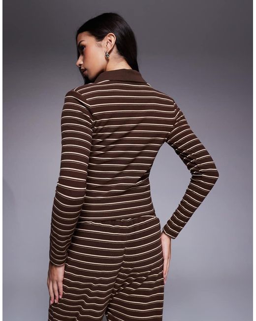 Wanderdoll Brown Frankie Premium Heavyweight Jersey Collar Detail Long Sleeve Polo Top Co-Ord