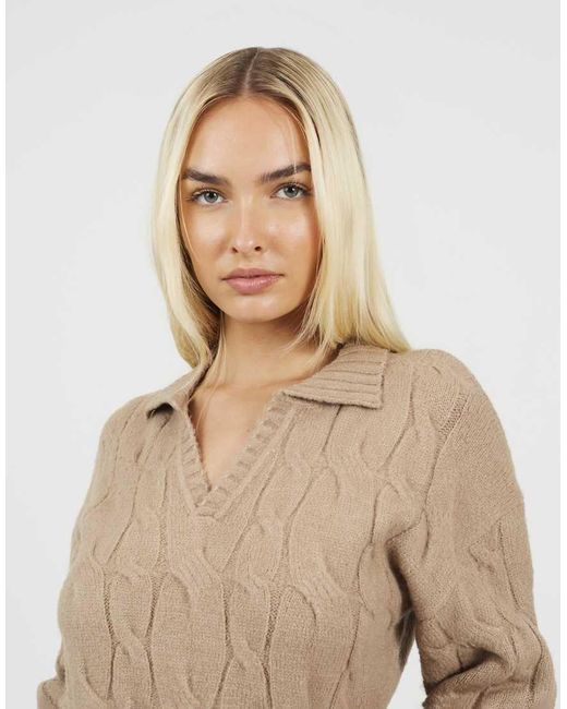 Brave Soul Natural Collared Cable Knit Jumper