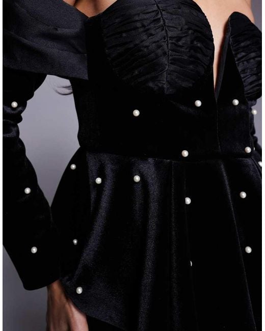 ASOS Black Velvet Off The Shoulder Pearl Detail Top With Heart Detail