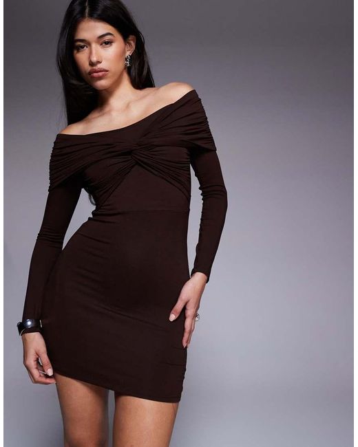 ASOS Brown Off Shoulder Twist Mini Dress With Long Sleeves