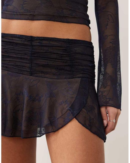 I.AM.GIA Blue Yvette Butterfly Pattern Lace Ruched Waist Mini Wrap Skirt