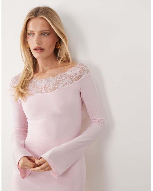 Fashionkilla Pink Exclusive Slinky Lace Trim Bardot Flare Sleeve Mini Dress