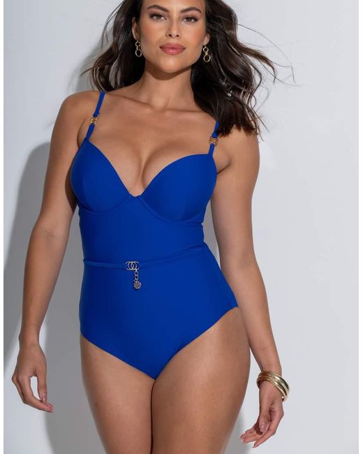 Pour Moi Blue St Barts Push-Up Boost Padded Underwired Tummy Control Swimsuit