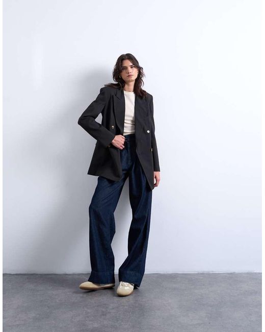 Blazer Oversize Color Cioccolato Scuro Doppiopetto Con Leggero Motivo Gessato di TOPSHOP in Blue
