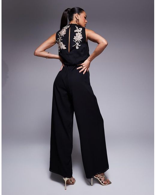 ASOS Blue Cowl Neck Embroidered Wide Leg Jumpsuit