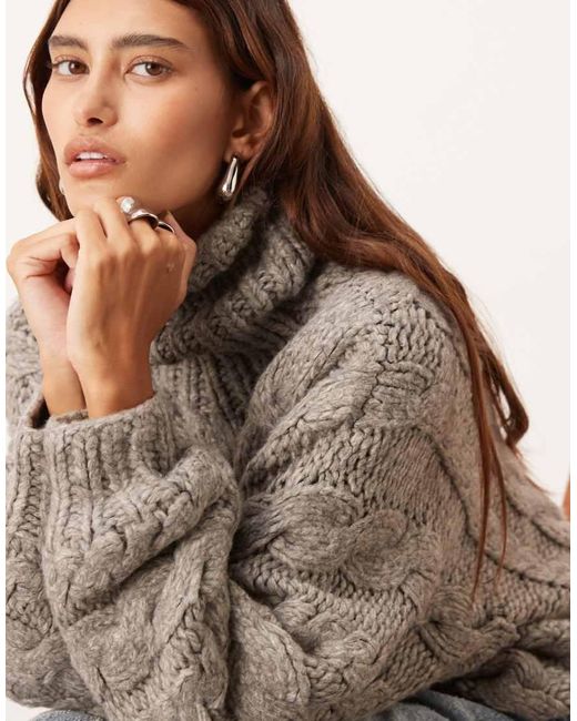 ARRANGE Brown Hand Knit High Neck Cable Knit Sweater